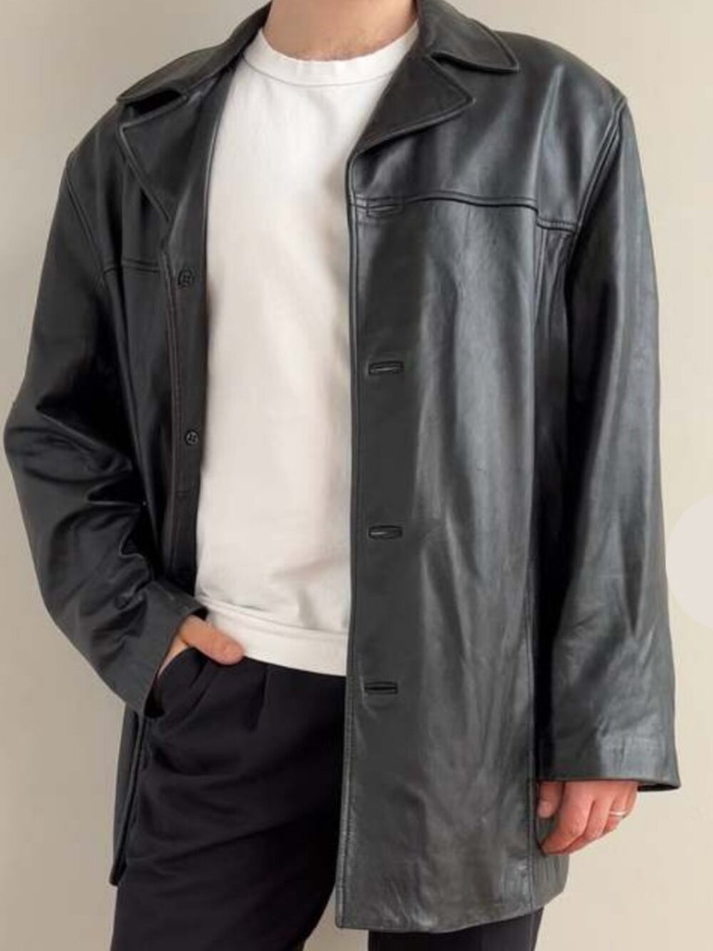 Knoles & Carter Men's L Italian Lamb Skin Leather Car Jacket Black Buttons Lined